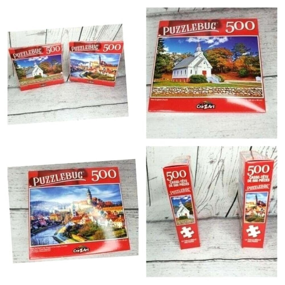 Puzzlebug 500pc Crazyart Red Tile Roof & New England Church Puzzle Bundle